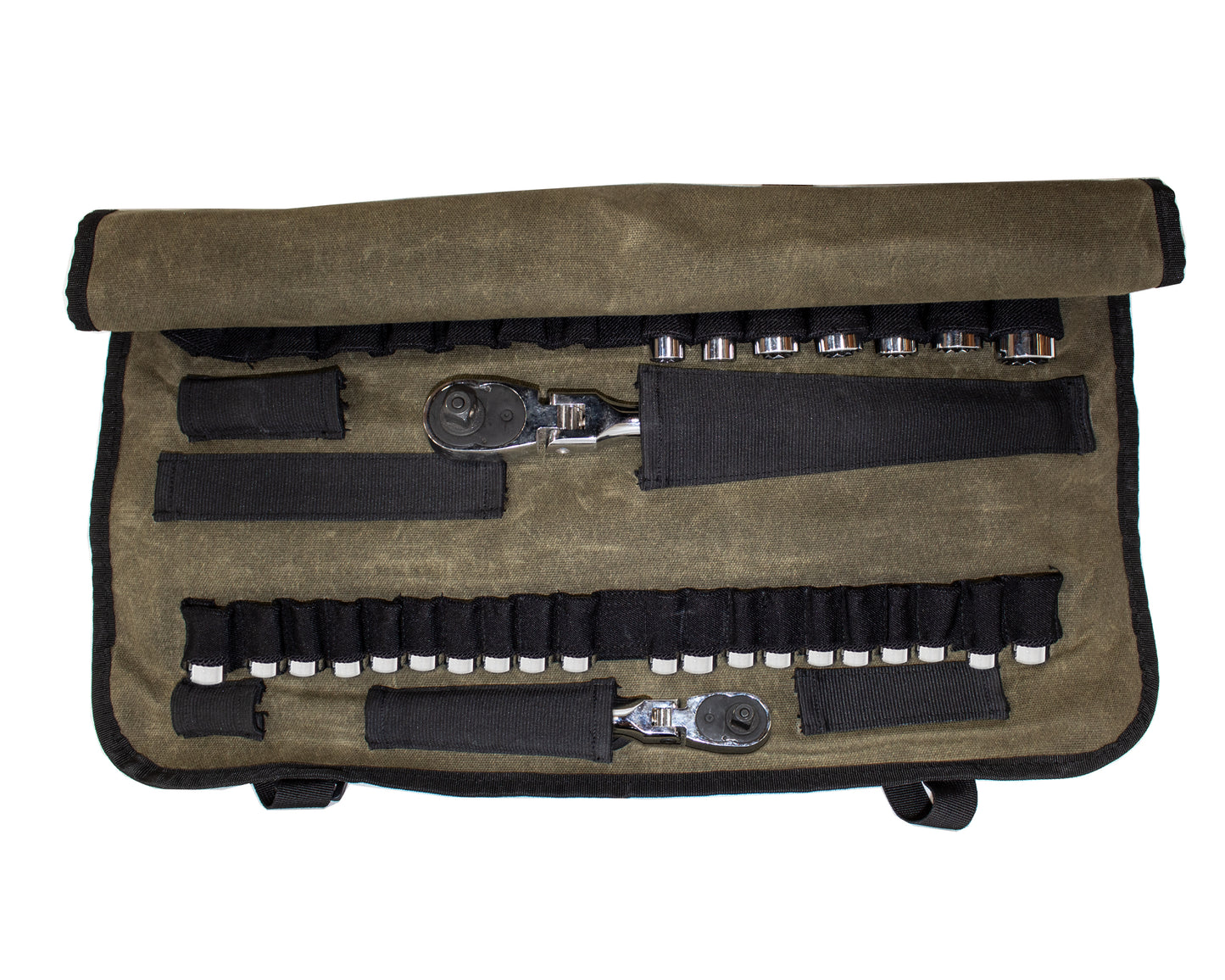 Tool set with ratchets and sockets in a brown case on a white background