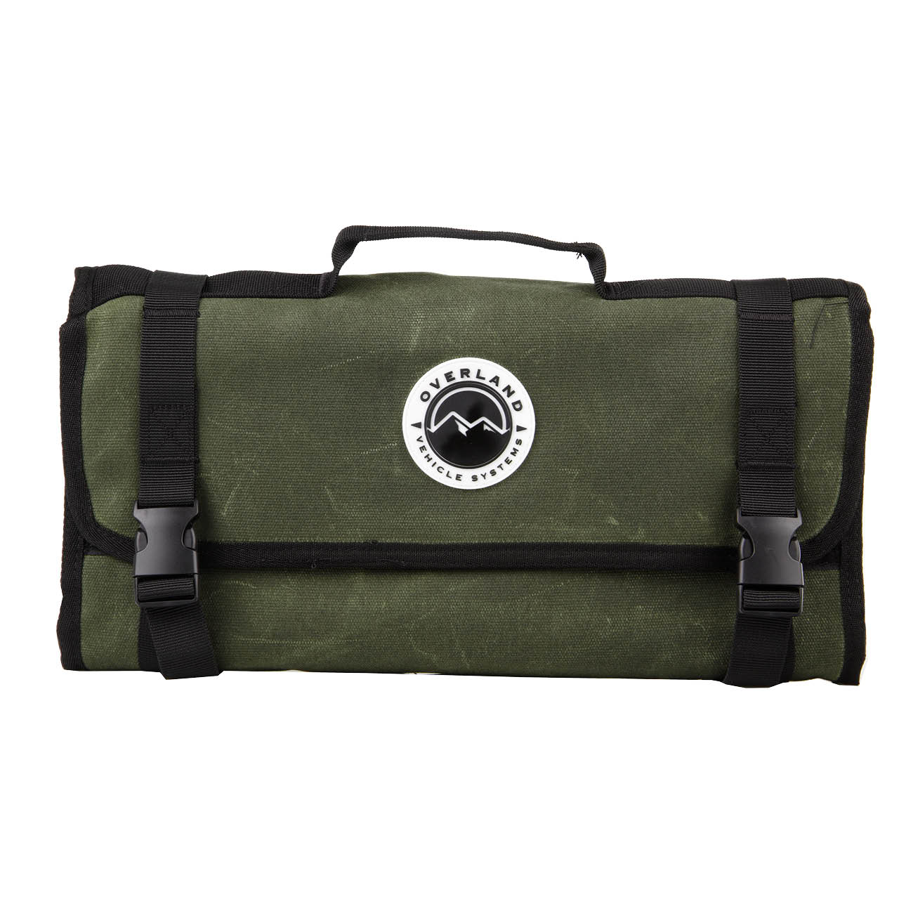 Green roll-up bag with black straps and a logo on a white background