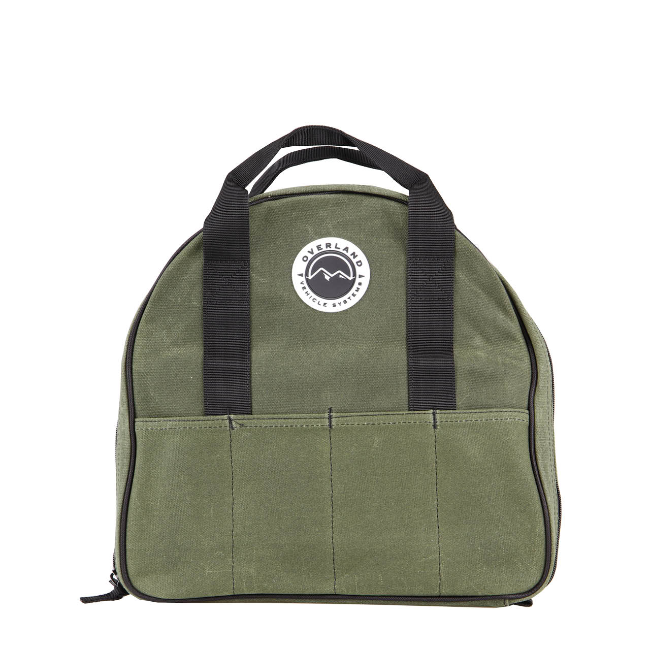 Green jumper cable bag with black handles and a logo on a white background