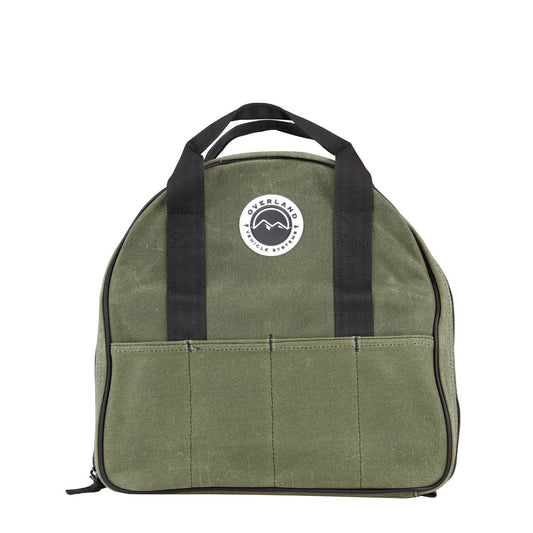 Green jumper cable bag with black handles and a logo on a white background