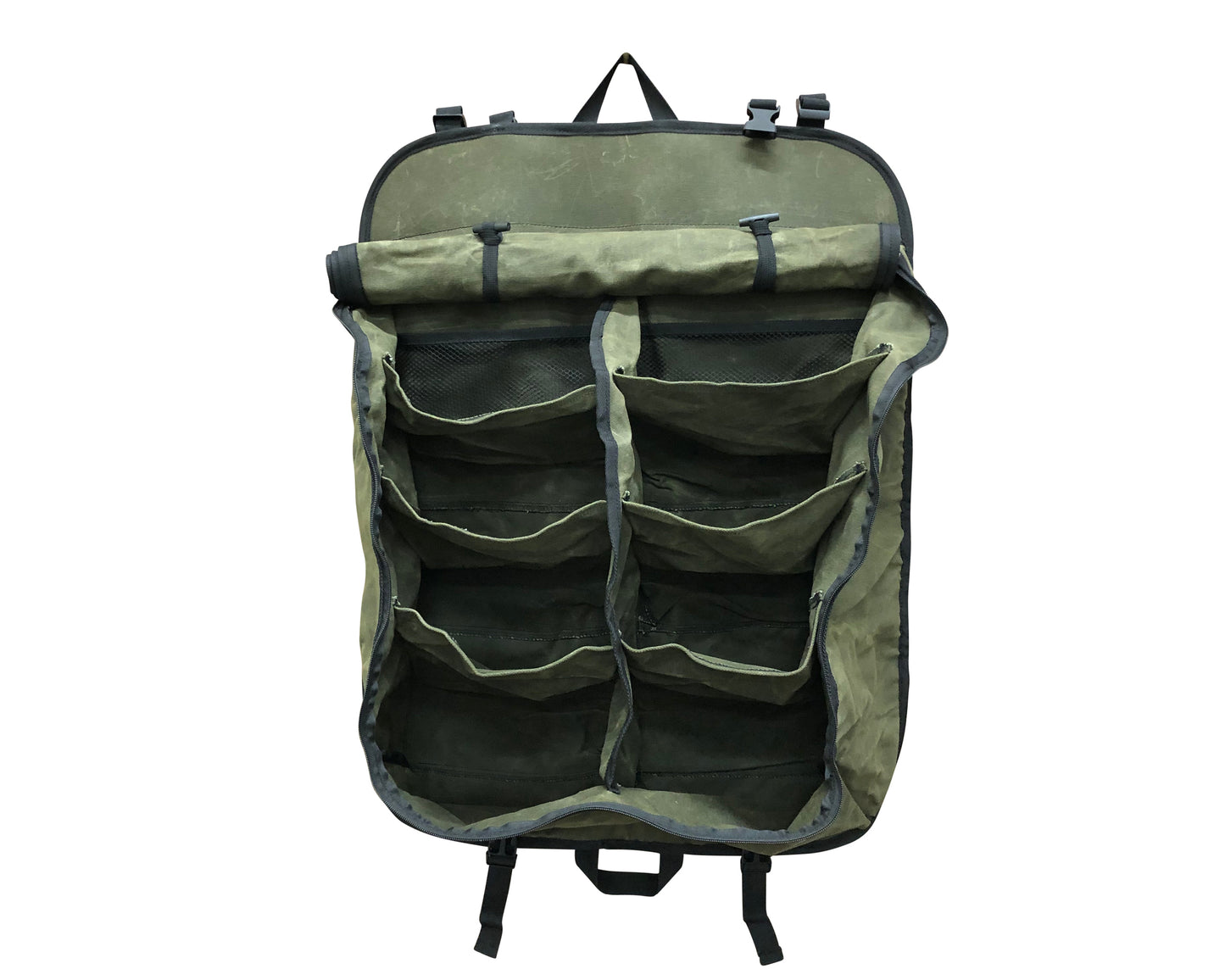 Green  storage bag with multiple pockets on a white background