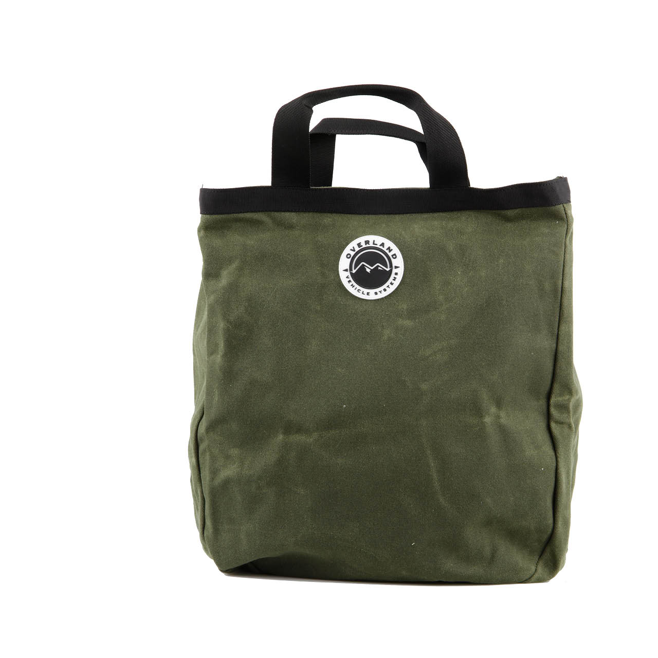 Green tote bag with a black handle and logo on a white background