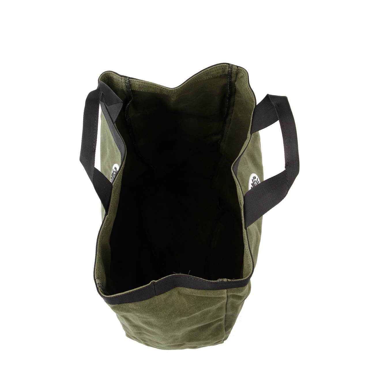 Green backpack with black interior on a white background