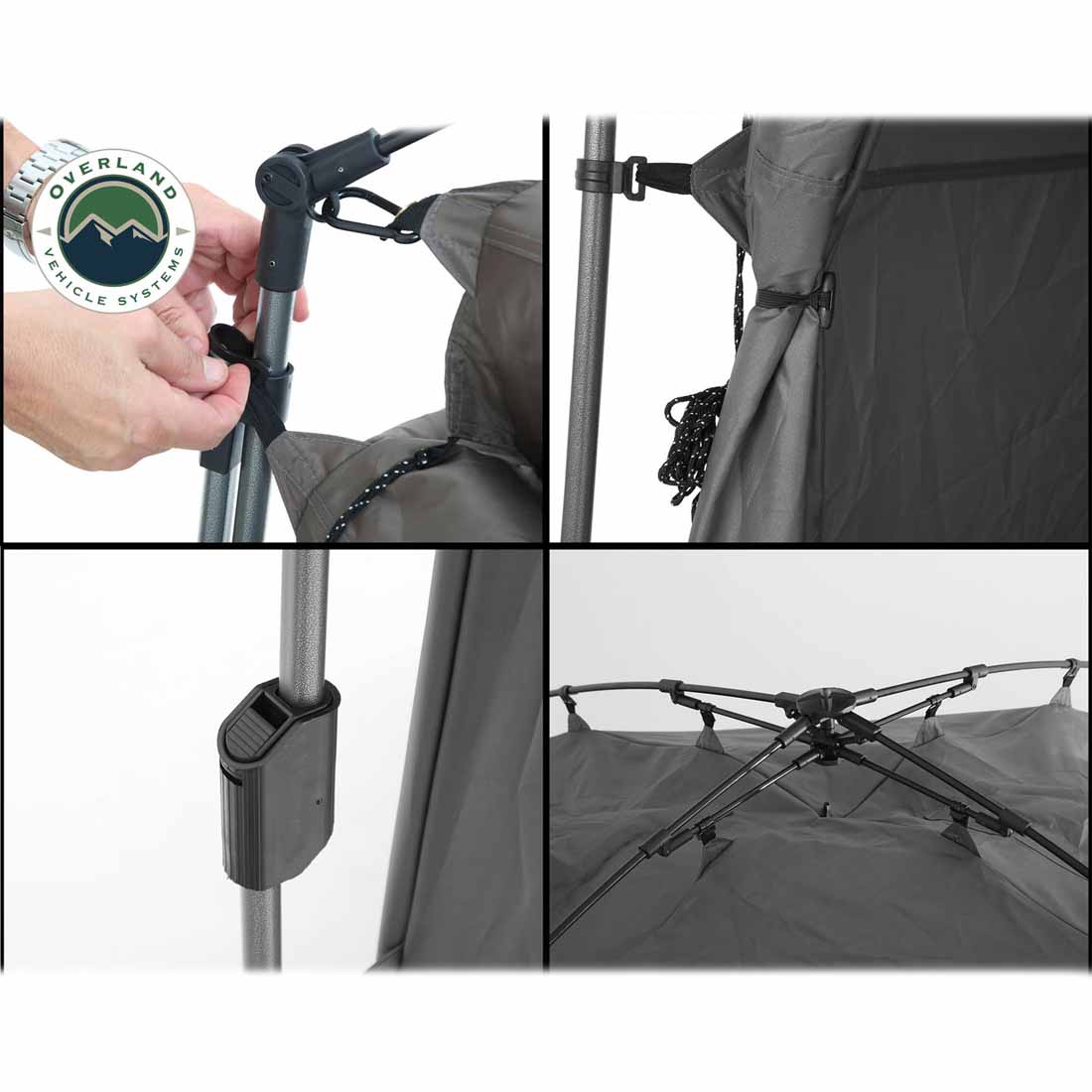 Images showing a tent setup with Overland Vehicle Systems logo.