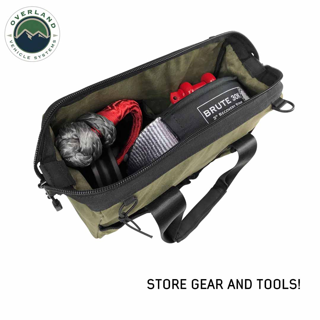 Open bag with tools and equipment, featuring Overland Vehicle Systems logo.