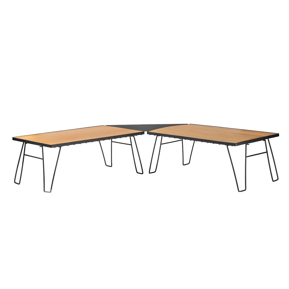 L-shaped table with wooden top and black metal legs on a white background