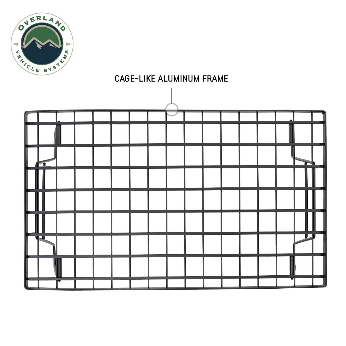 Cage-like aluminum frame with Overland Vehicle Systems logo on a white background
