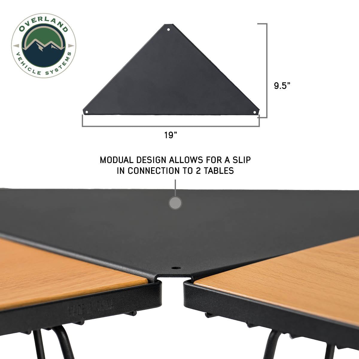 Modular table design with dimensions and Overland Vehicle Systems logo.