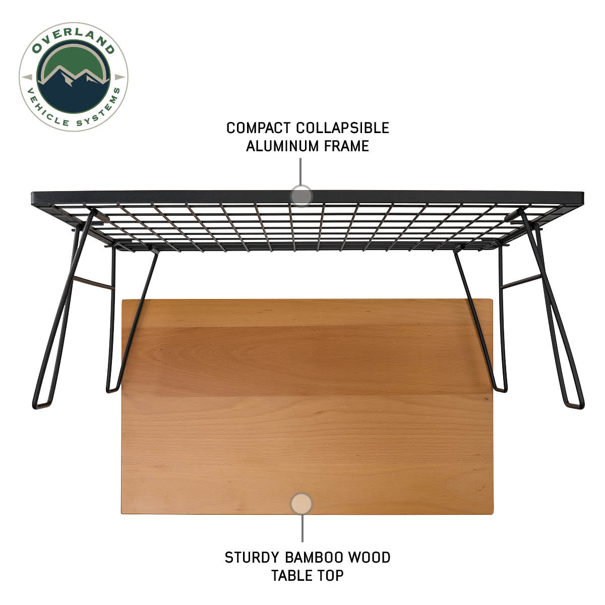 Compact collapsible aluminum frame table with sturdy bamboo wood top, featuring Overland Vehicle Systems logo.