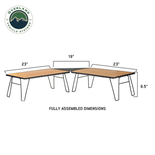 Dimensions of a L-shaped table with Overland Vehicle Systems logo.