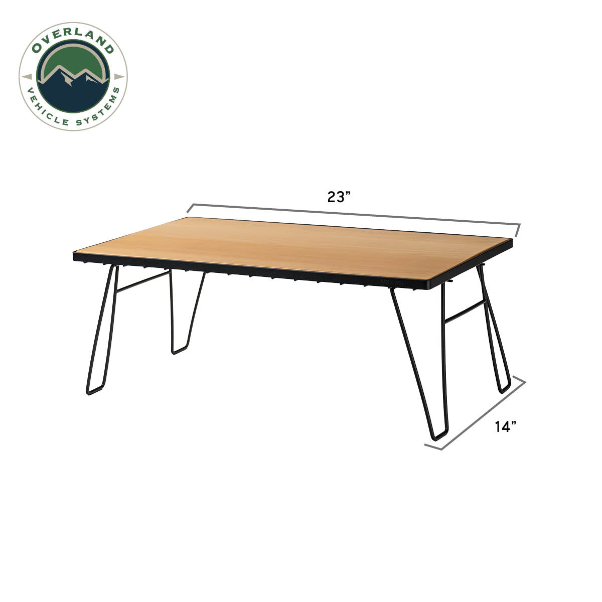 Table with dimensions labeled on a white background, featuring the Overland Vehicle Systems logo.