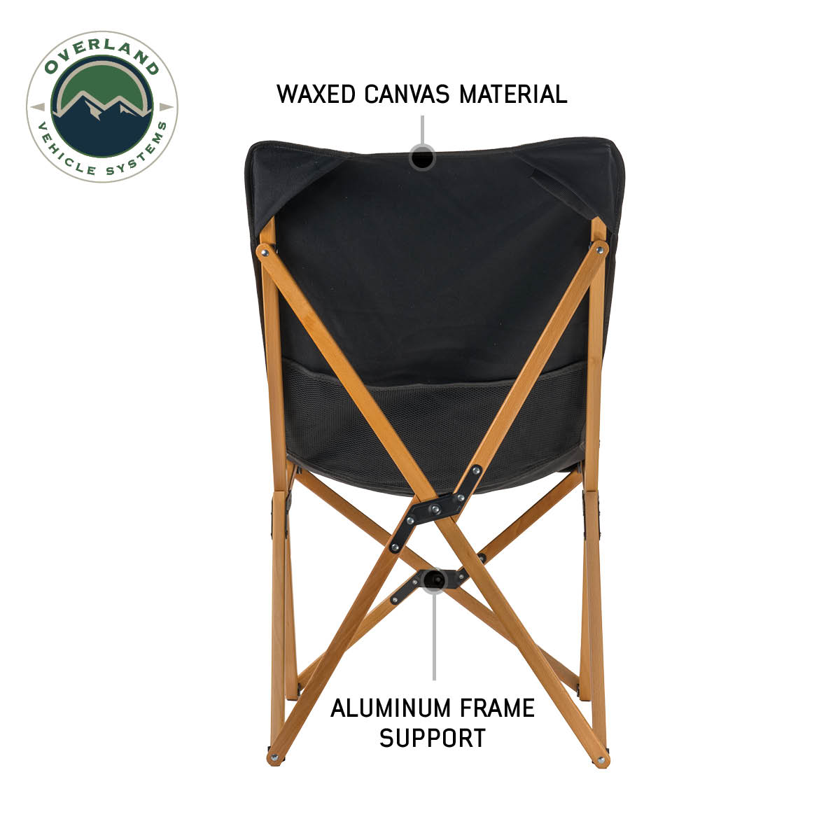 Black folding chair with wooden frame on a white background, featuring Overland Vehicle Systems logo.