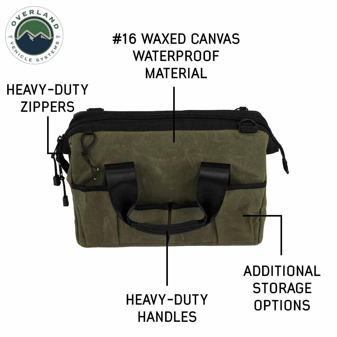 Green duffel bag with features labeled on a white background