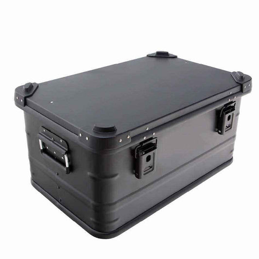 Black storage box with a lid on a white background