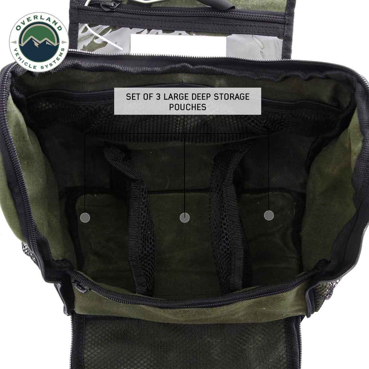 Green storage bag with 'Overland Vehicle Systems' logo and text indicating a set of three large deep storage pouches.