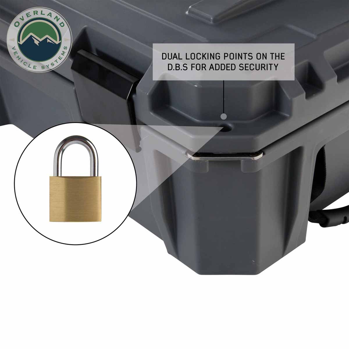 Lockable storage case with a brass padlock inset and Overland Vehicle Systems logo.
