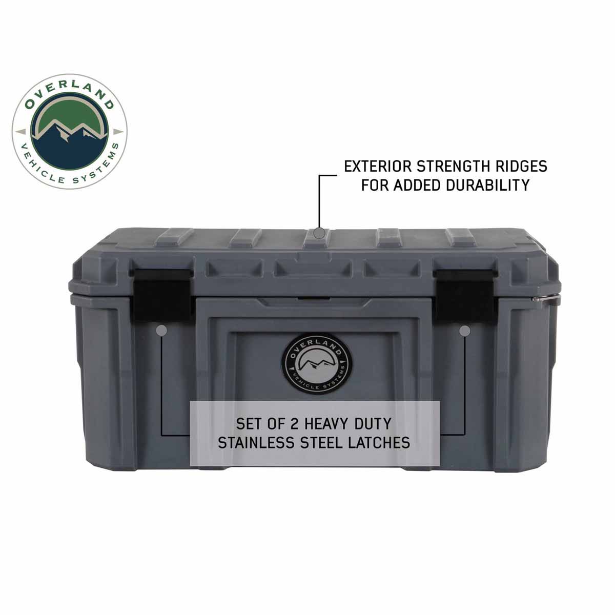 Gray storage box with Overland Vehicle Systems branding and text about durability features on a white background.