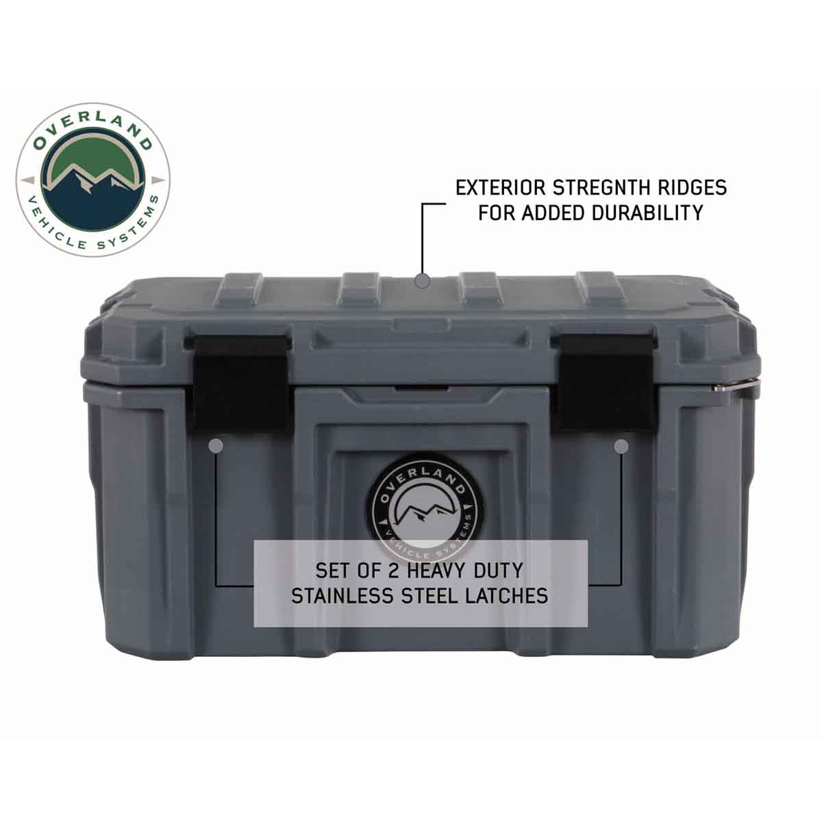 Gray storage box with Overland Vehicle Systems branding and text about durability features on a white background.
