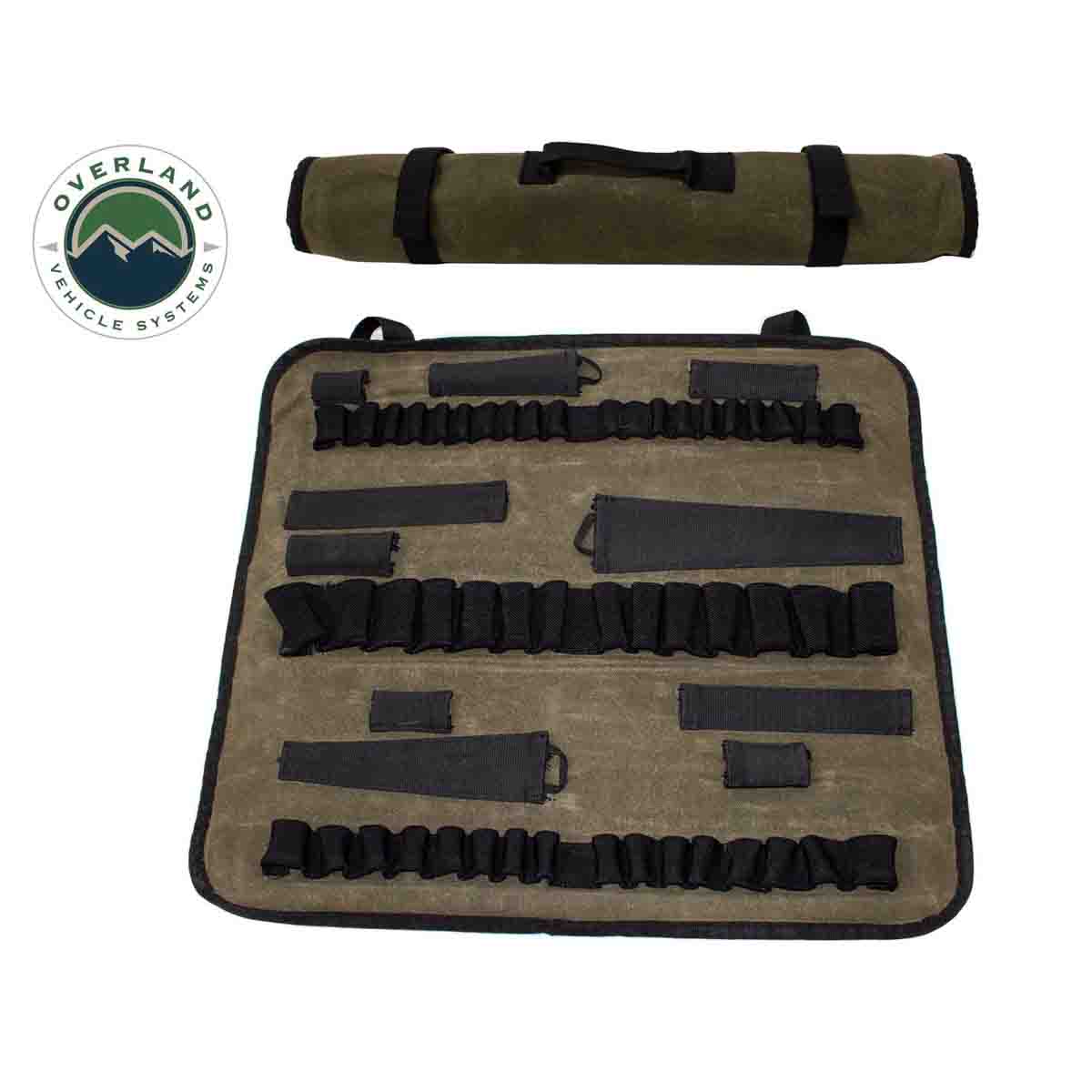 Set of black tools in a beige carrying case with Overland Vehicle Systems logo.