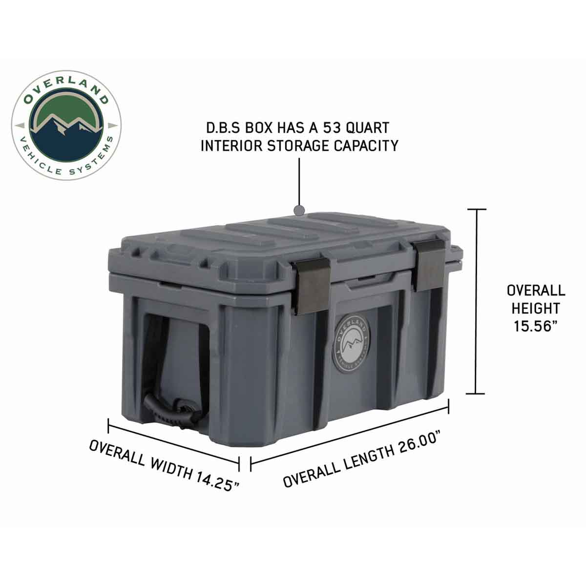 Gray storage box with dimensions and Overland Vehicle Systems logo on a white background