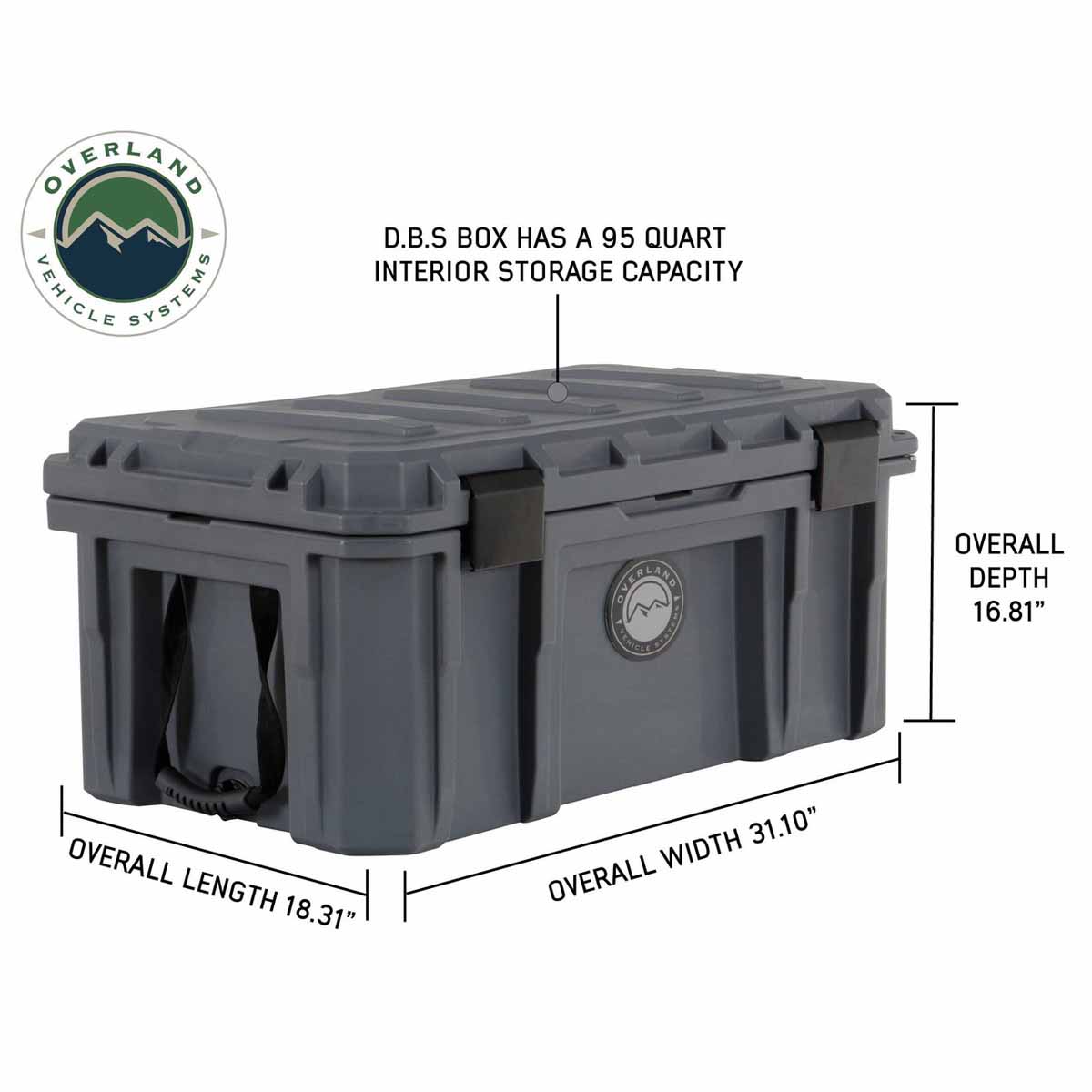 Gray storage box with dimensions and Overland Vehicle Systems logo on a white background