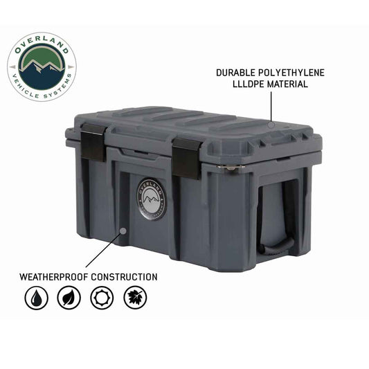 Gray storage box with Overland Vehicle Systems logo, highlighting durable polyethylene material and weatherproof construction.