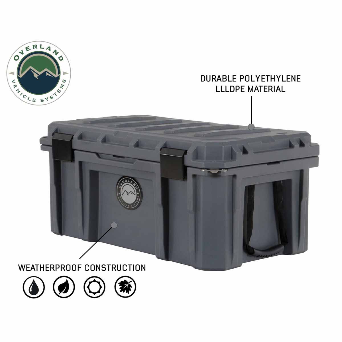 Gray storage box with Overland Vehicle Systems branding and features highlighted on a white background.