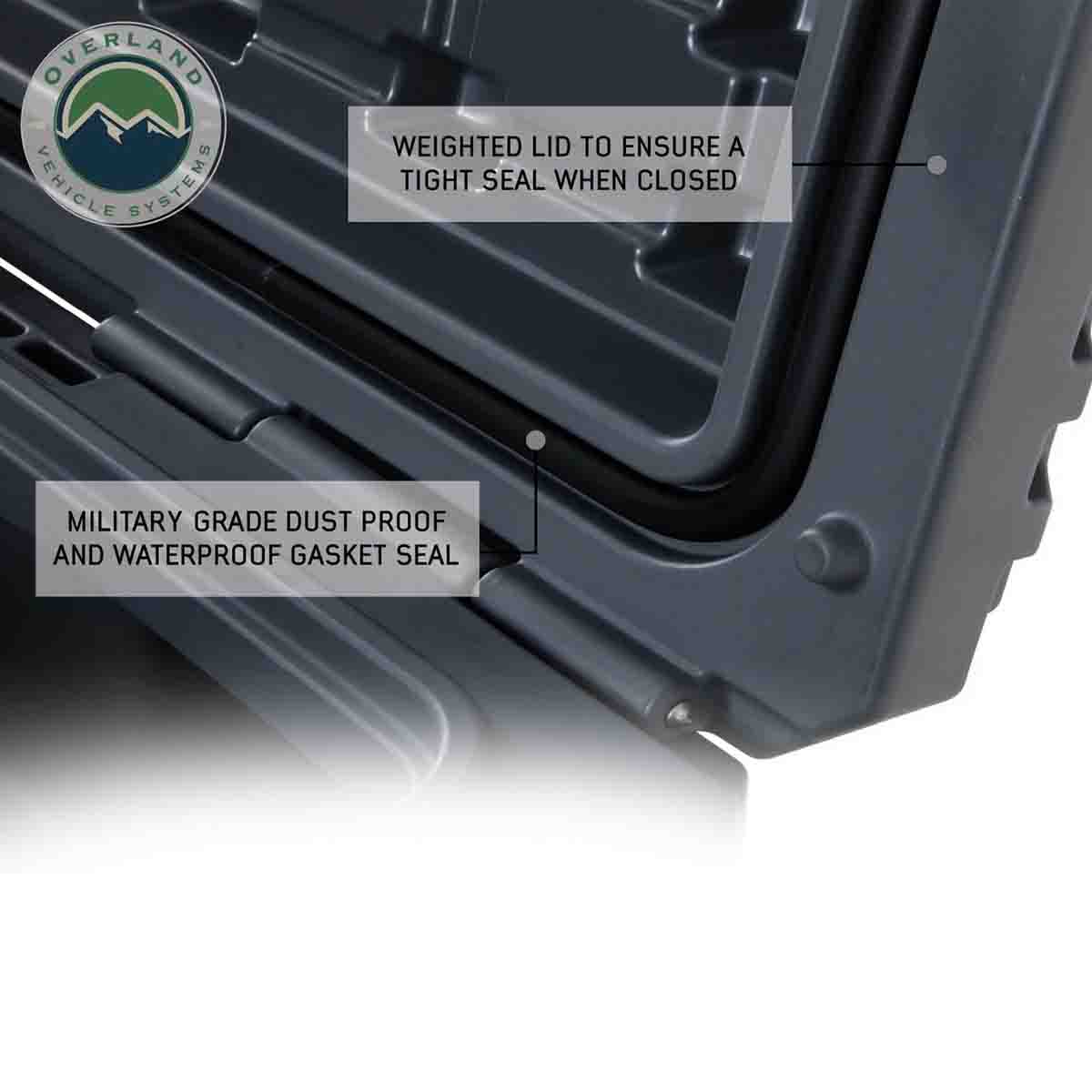 Close-up of a gray storage container with text highlighting features, branded with Overland Vehicle Systems.