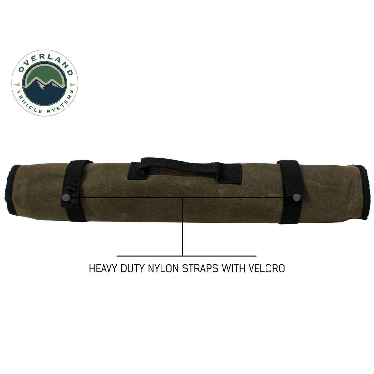 Canvas roll-up bag with heavy-duty nylon straps and Velcro, featuring Overland Vehicle Systems logo.