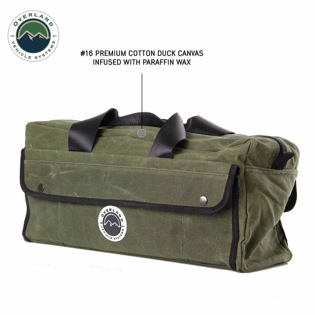 Green canvas bag with black trim on a white background, featuring Overland Vehicle Systems branding.