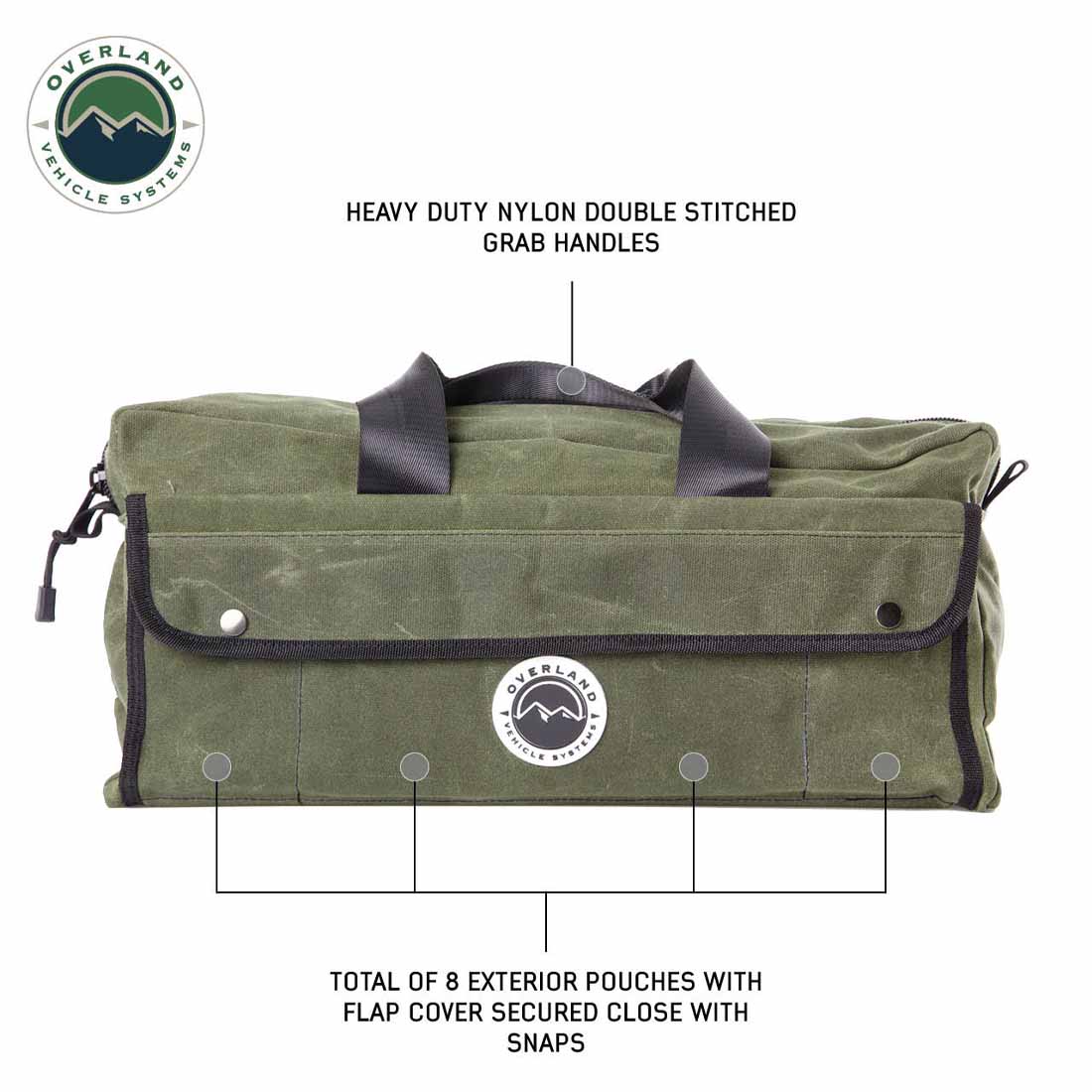 Green duffel bag with black handles and exterior pouches, featuring Overland Vehicle Systems logo.