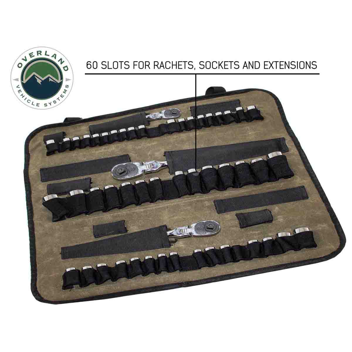 Tool organizer with multiple slots for ratchets, sockets, and extensions on a white background, featuring Overland Vehicle Systems logo.