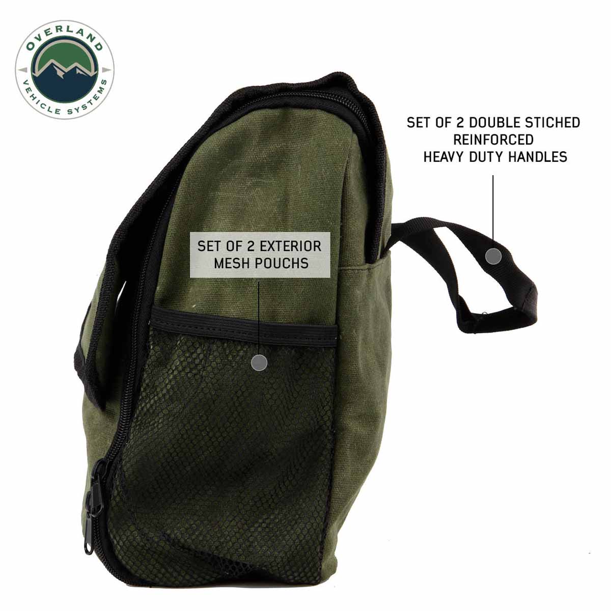 Green overnight bag with features highlighted on a white background