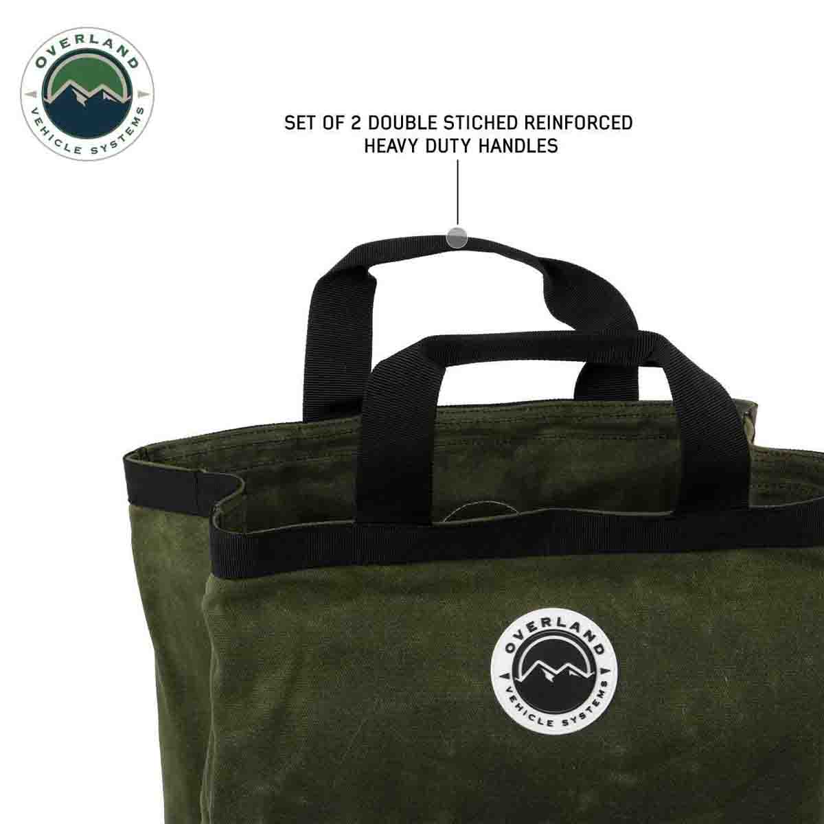 Green bag with double-stitched reinforced handles and Overland Vehicle Systems logo.