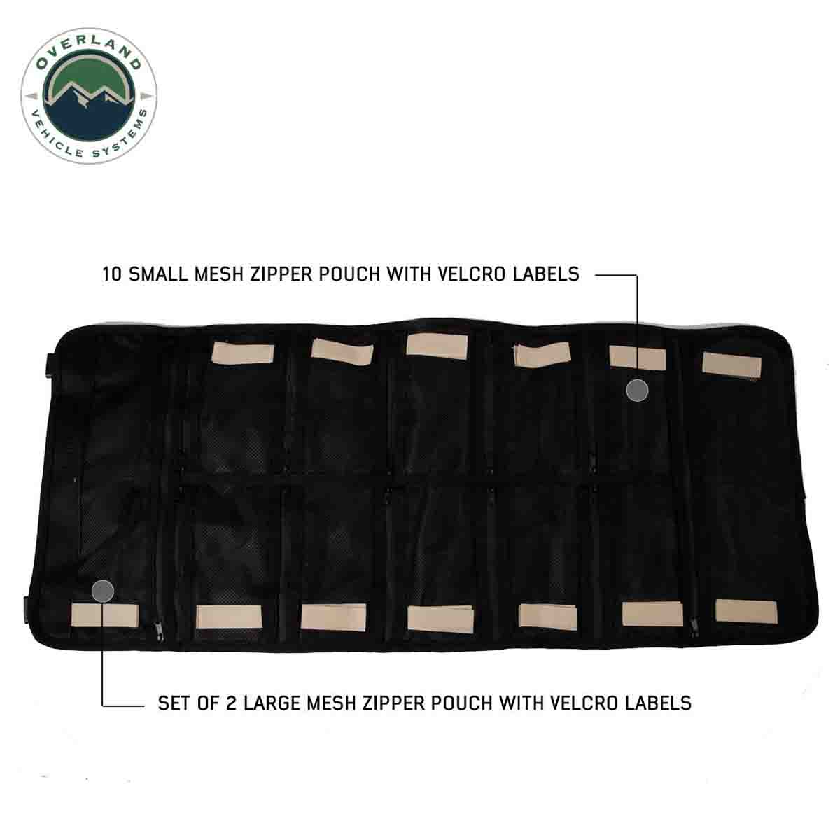 Black mesh zipper pouches with Velcro labels on a white background, featuring Overland Vehicle Systems branding.