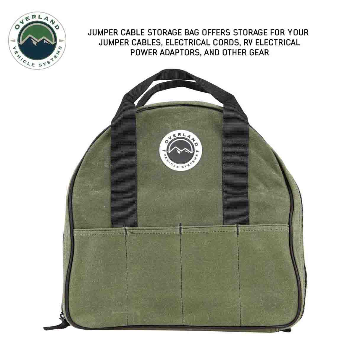 Green jumper cable  bag with black handles and Overland Vehicle Systems logo on a white background