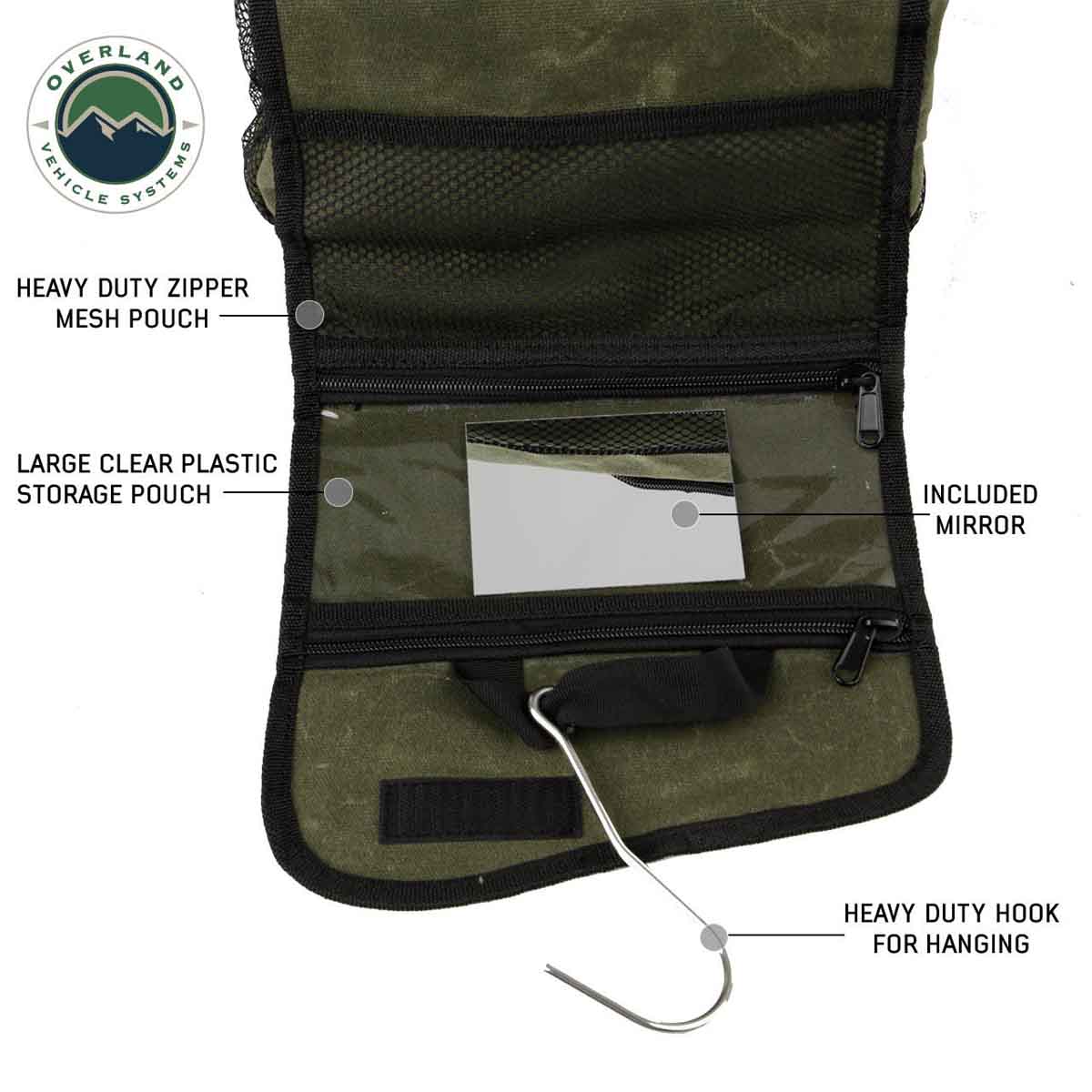 Green overnight bag with features labeled on a white background