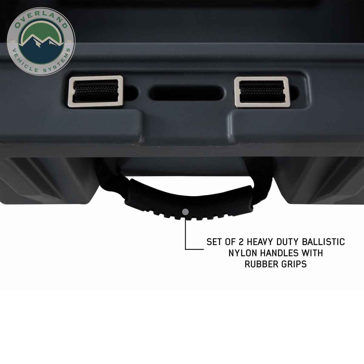 Black storage box with ballistic nylon handles, featuring Overland Vehicle Systems logo.