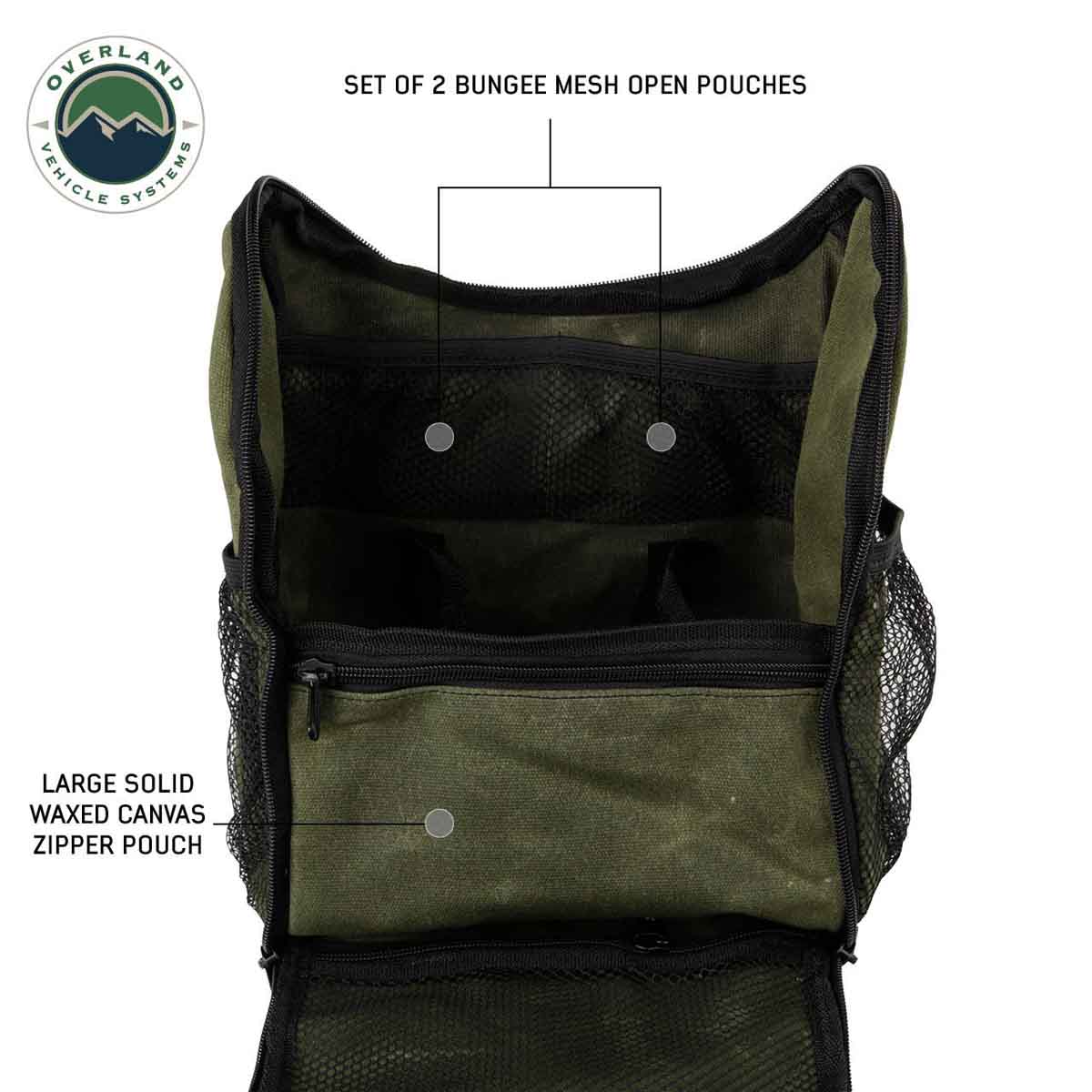 Green bungee mesh open pouch with solid waxed canvas zipper pouch, labeled with Overland Vehicle Systems branding.