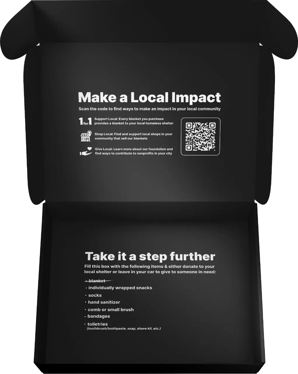 Black box with text and QR code on a white background