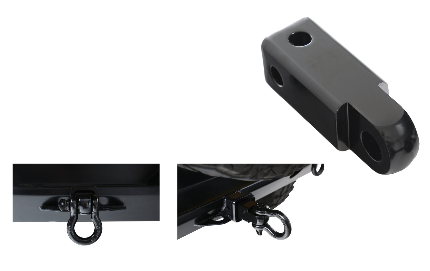 Black metal receiver hitch mount with two views on a white background