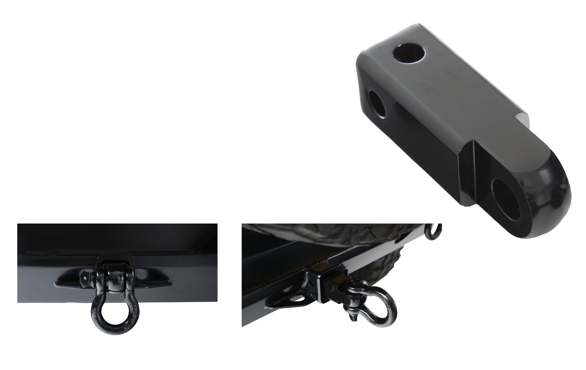 Black metal receiver hitch mount with two views on a white background