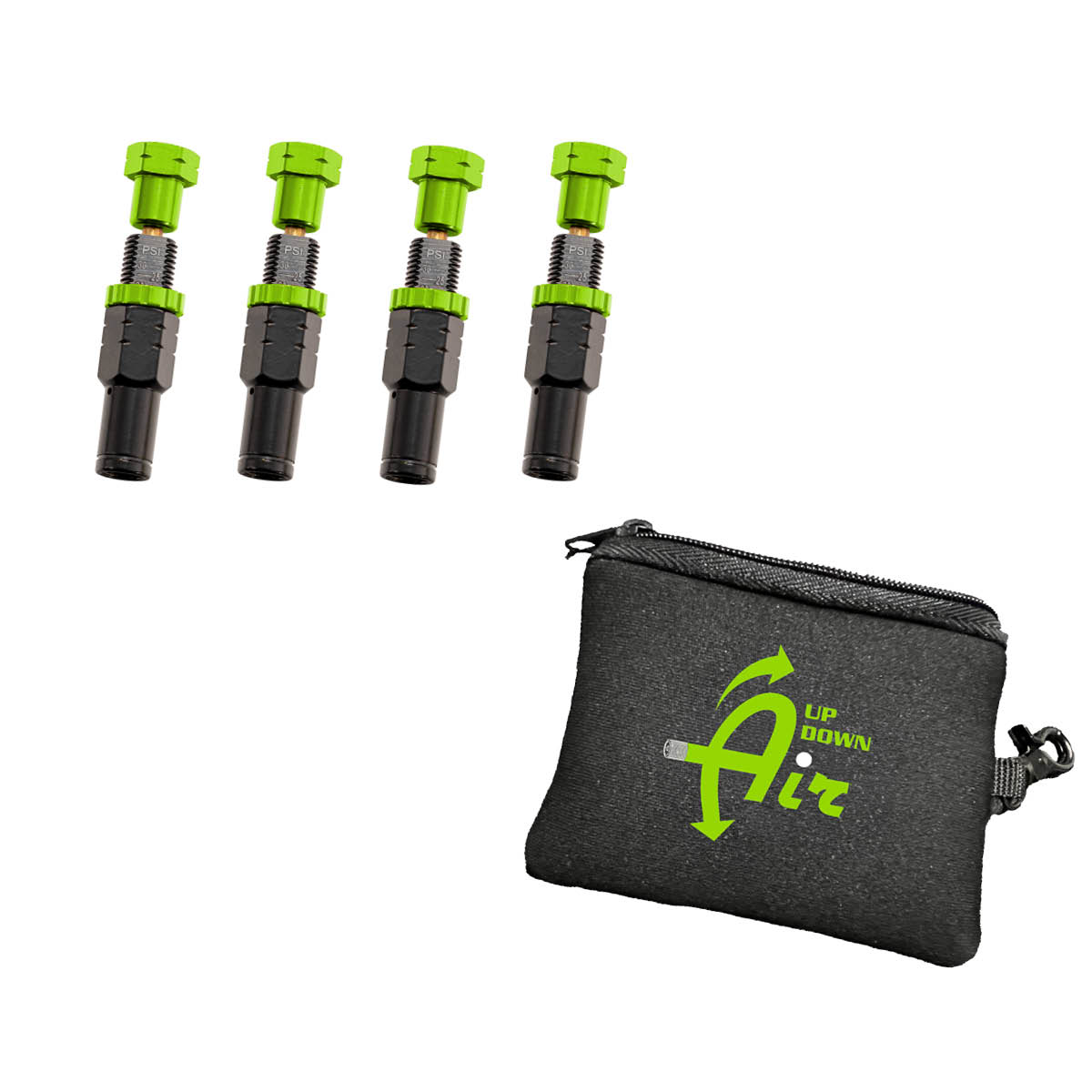 Four black and green air valve stems with a black pouch featuring green text on a white background.
