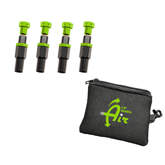 Four black and green air valve stems with a black pouch featuring green text on a white background.