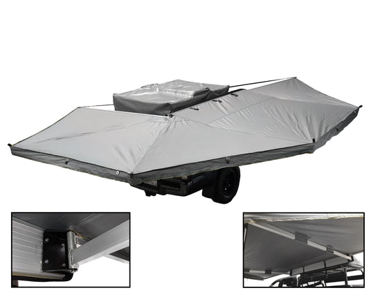 Gray awning attached to a vehicle with close-up insets on a white background