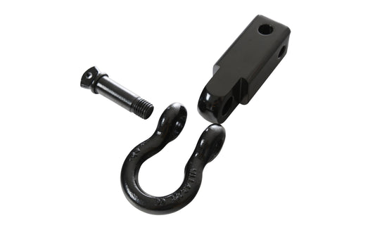 Black metal shackle, pin, and socket on a white background