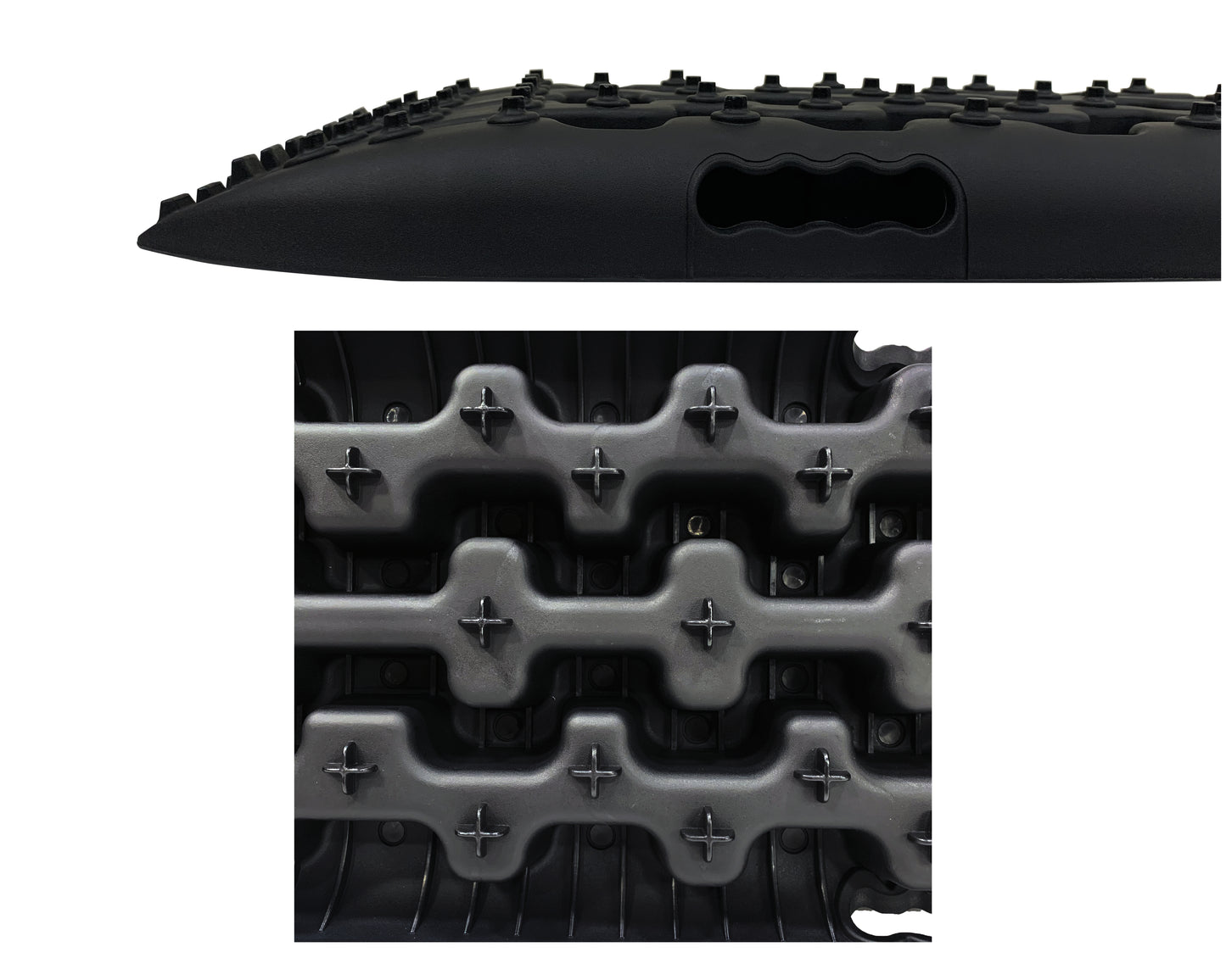 Close-up of a black tire tread pattern on a white background