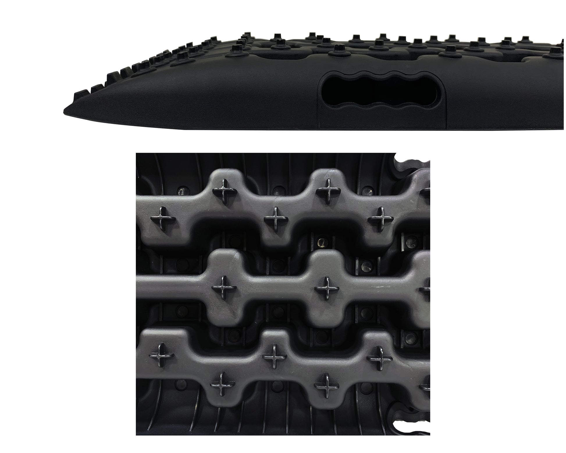 Close-up of a black tire tread pattern on a white background