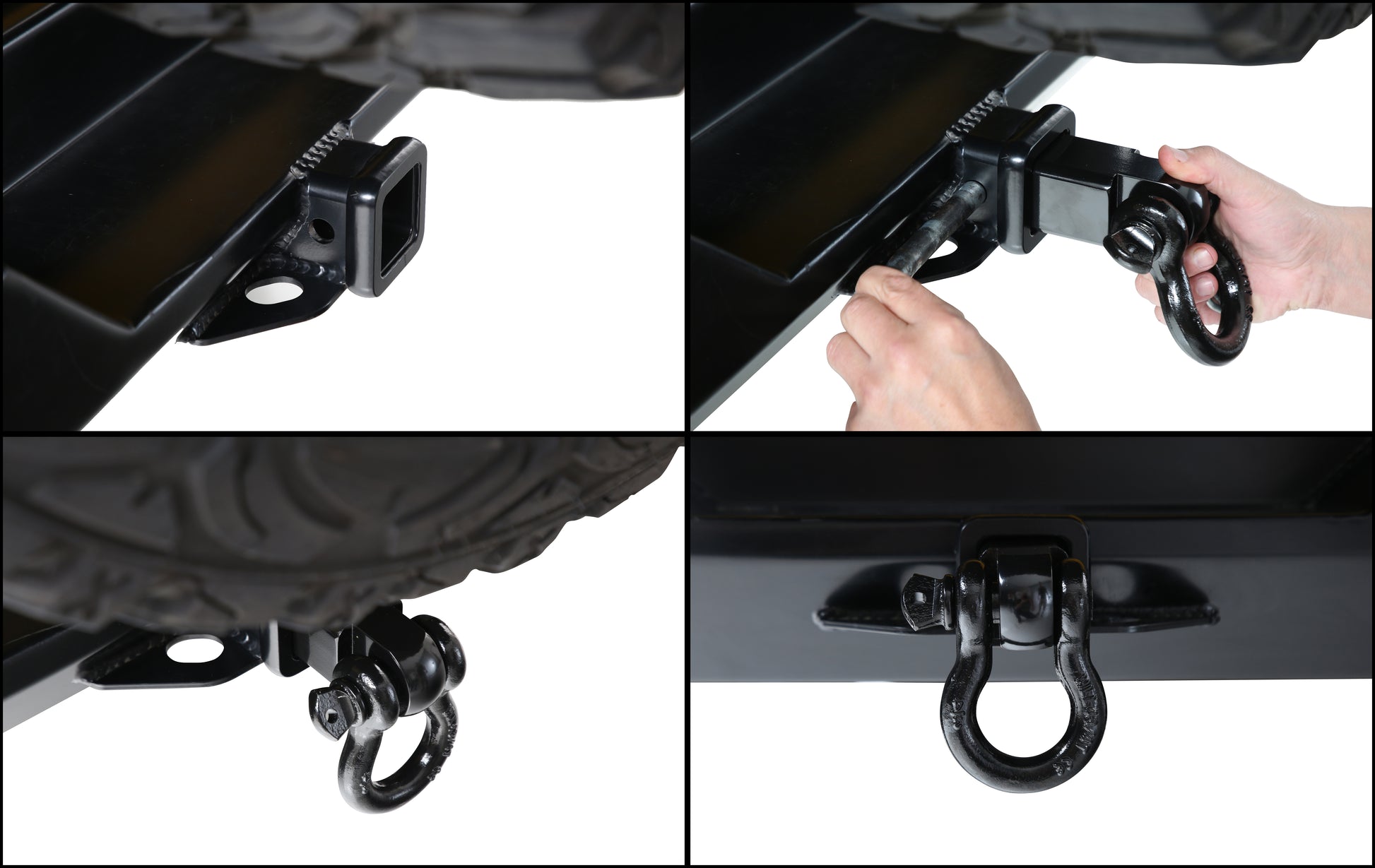 Step-by-step process of attaching a hitch to a vehicle, showing close-up details.