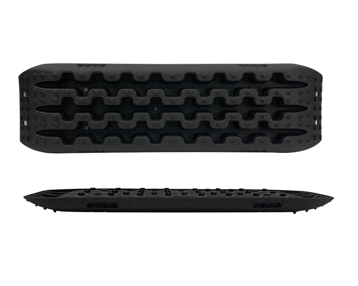Two black silicone ice cube trays on a white background